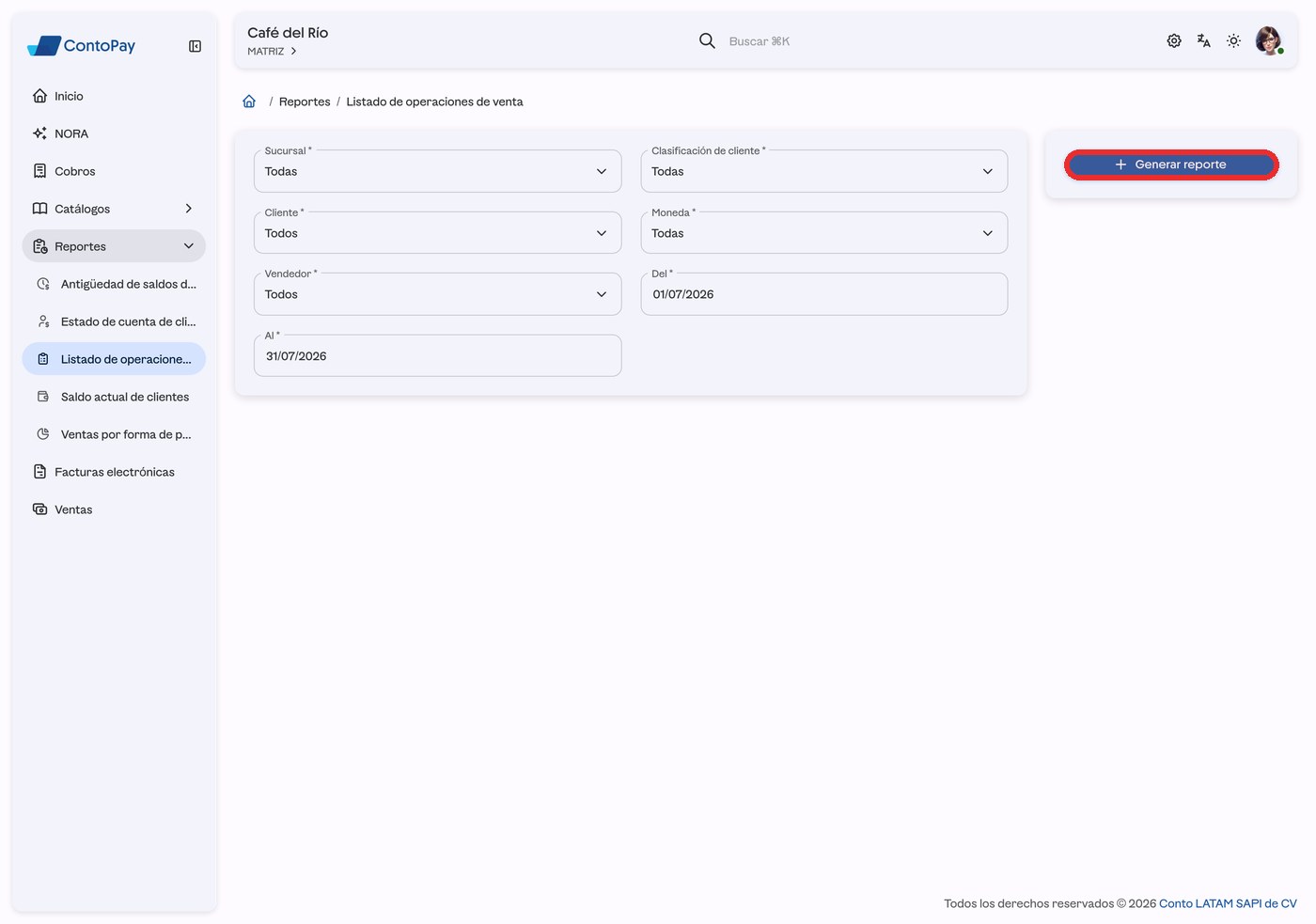 Formulario del reporte Listado de operaciones de venta de ContoPay web con el botón Generar reporte resaltado en rojo.