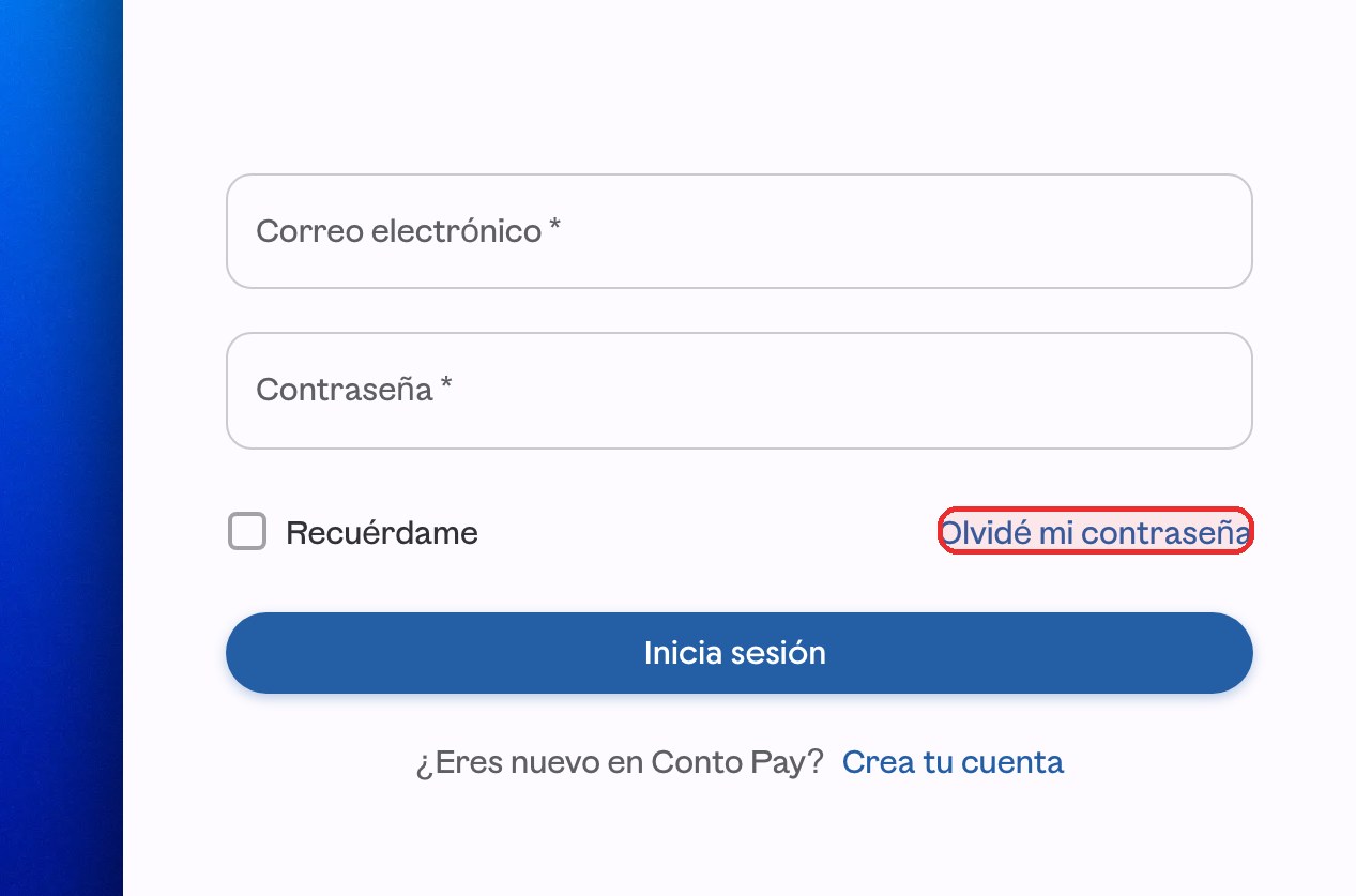 Formulario de inicio de sesión de ContoPay web con el enlace Olvidé mi contraseña resaltado en rojo.