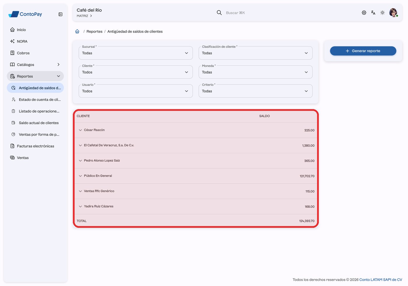 Resultado del reporte Antigüedad de saldos de clientes de ContoPay web resaltado en rojo.