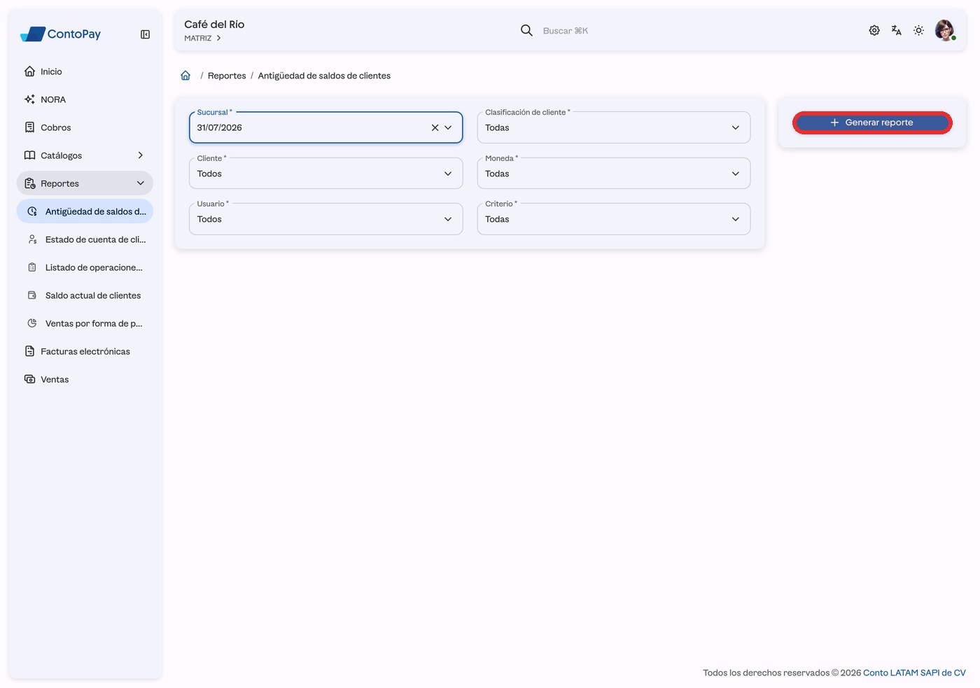Formulario del reporte Antigüedad de saldos de clientes de ContoPay web con el botón Generar reporte resaltado en rojo.