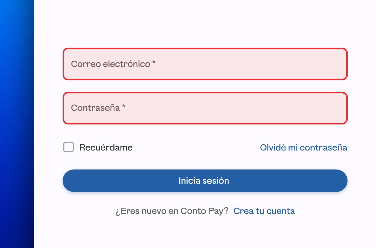 Formulario de inicio de sesión de ContoPay web con los campos de correo y contraseña resaltados en rojo.