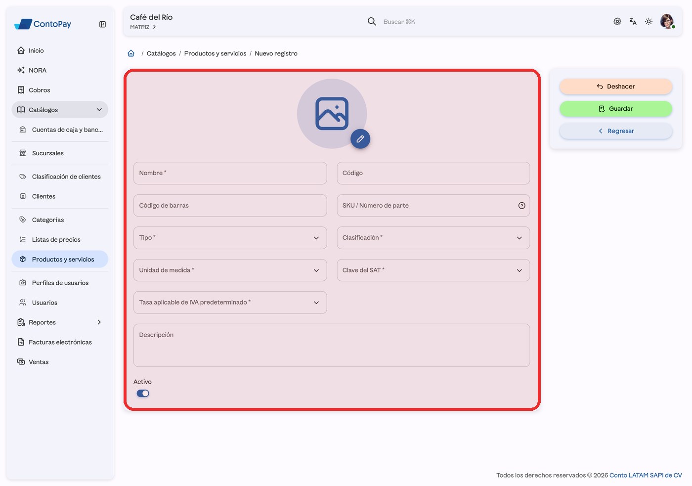 Formulario de nuevo producto de ContoPay web con los datos del producto resaltados en rojo.