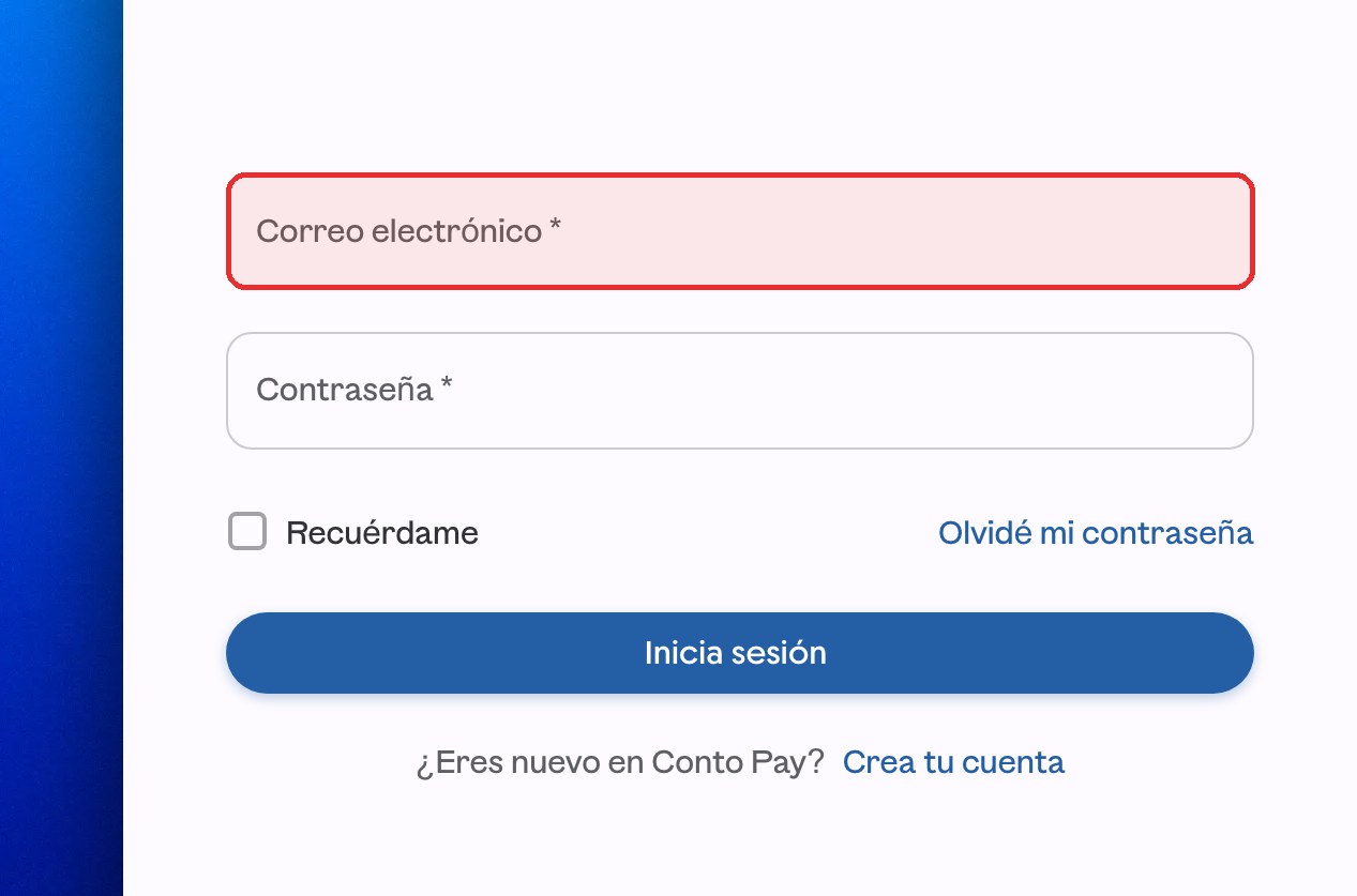 Formulario de ContoPay con el campo Correo electrónico resaltado en rojo.