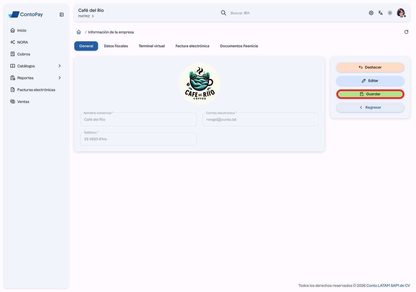 Pantalla Información de la empresa de ContoPay web con el botón Guardar resaltado en rojo.