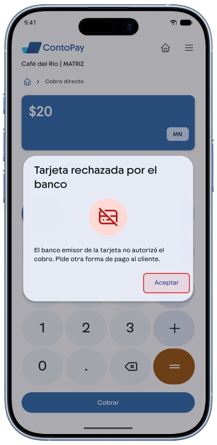 Cobro con tarjeta en ContoPay con el botón Aceptar del aviso de rechazo resaltado en rojo.