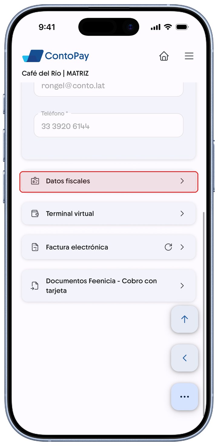 Información de la empresa de ContoPay con la sección Datos fiscales resaltada en rojo.