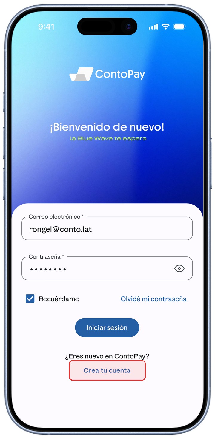 Pantalla de inicio de sesión de ContoPay con el enlace Crea tu cuenta resaltado en rojo.
