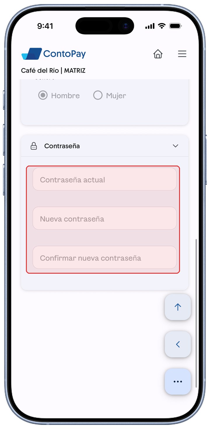 Sección Contraseña de ContoPay con los tres campos de contraseña resaltados en rojo.