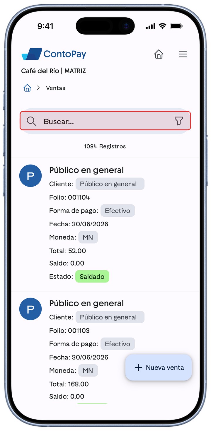 Listado de Ventas de ContoPay con la barra Buscar resaltada en rojo.