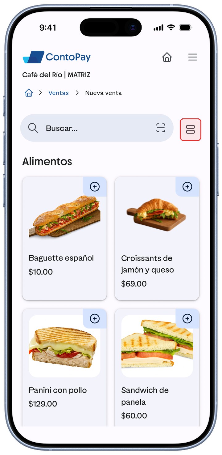Catálogo de ContoPay con los productos en una cuadrícula de dos columnas y el botón de vista resaltado en rojo.