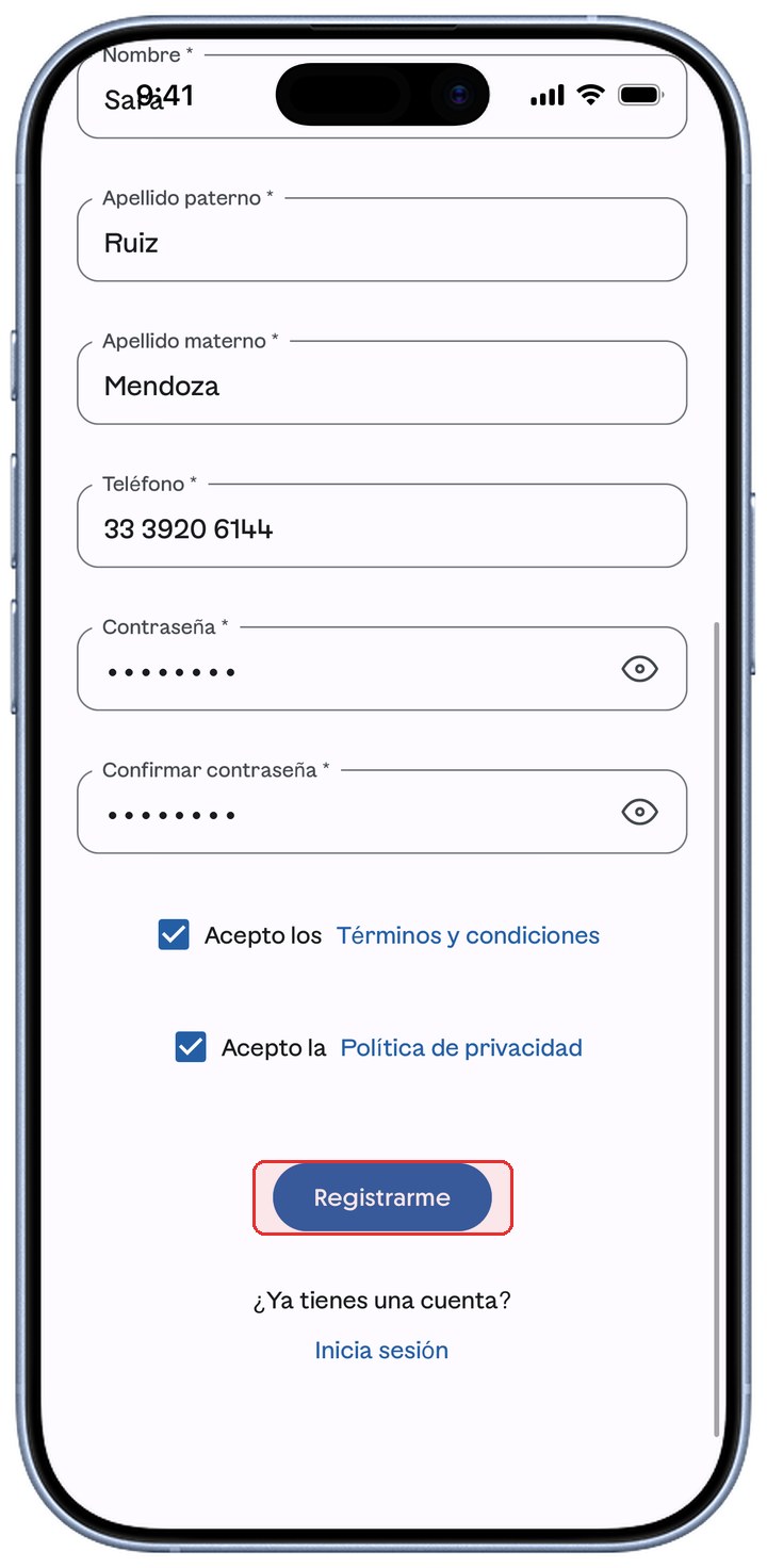 Pantalla de registro de ContoPay con el botón Registrarme resaltado en rojo.