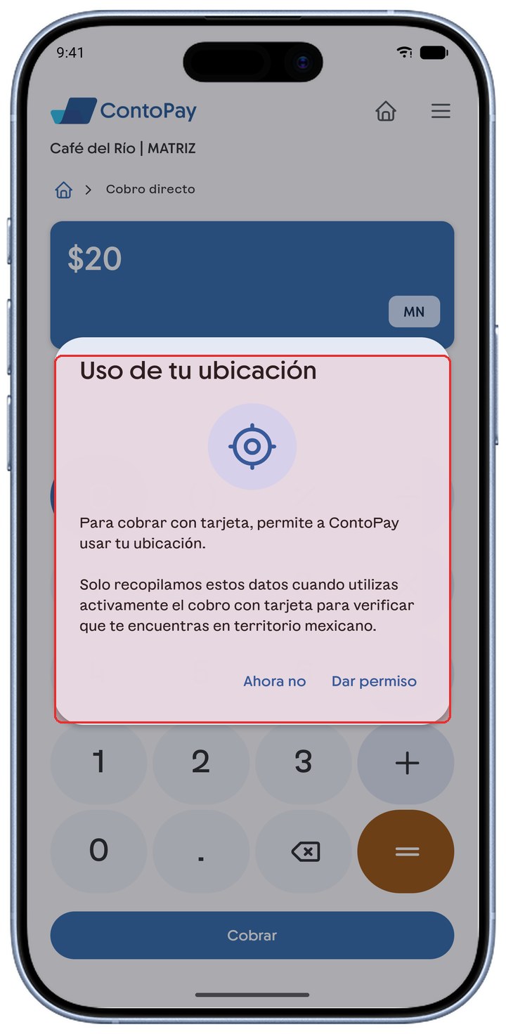 Aviso de permiso de ubicación de ContoPay resaltado en rojo.