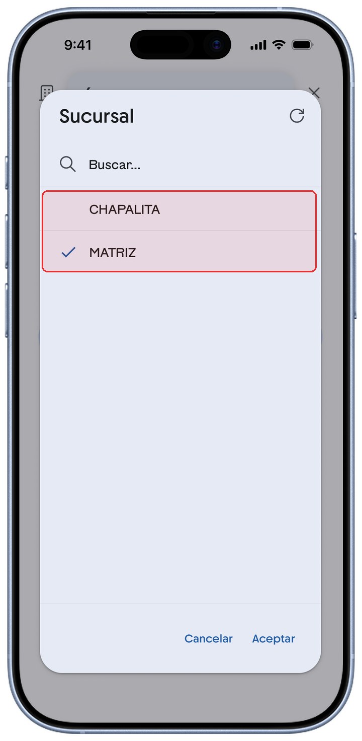 Selector de Sucursal de ContoPay con la lista de sucursales resaltada en rojo.