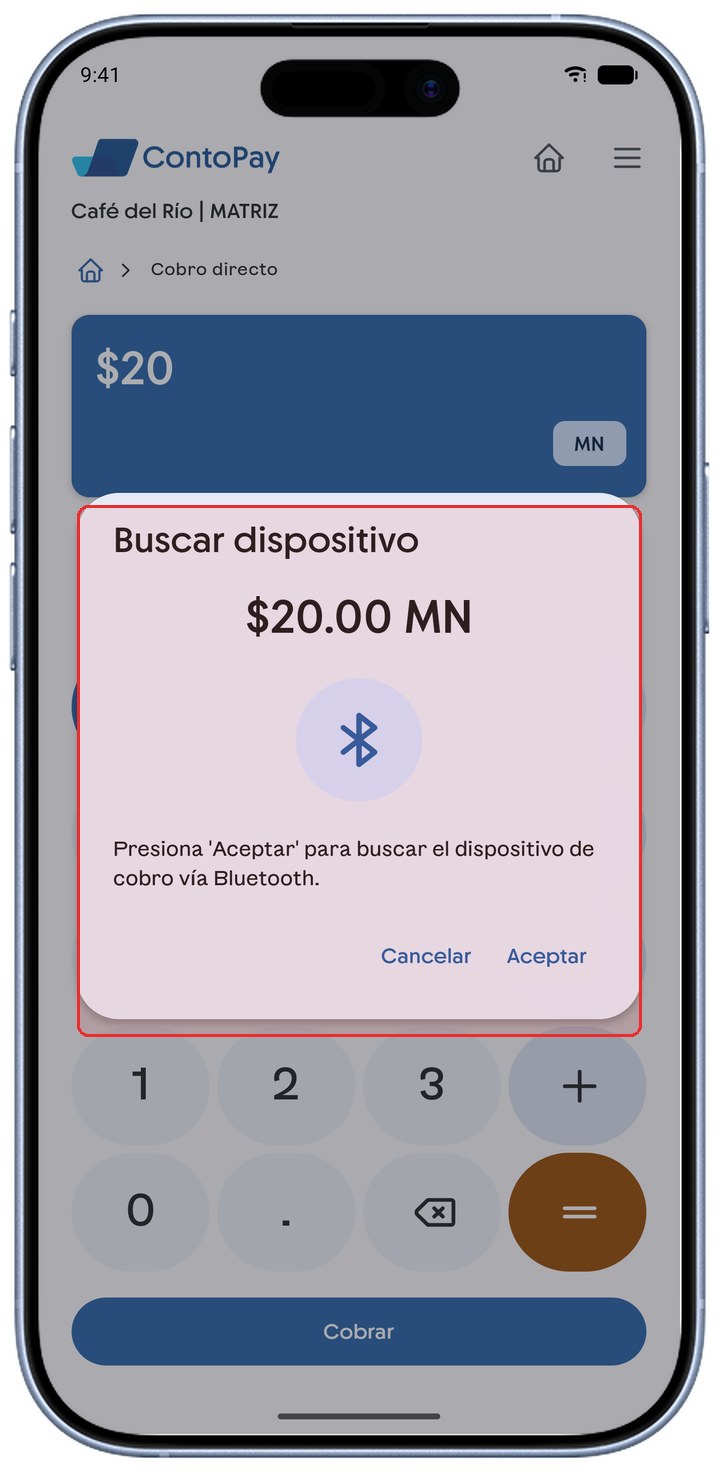 Pantalla de ContoPay con el aviso Buscar dispositivo resaltado en rojo.