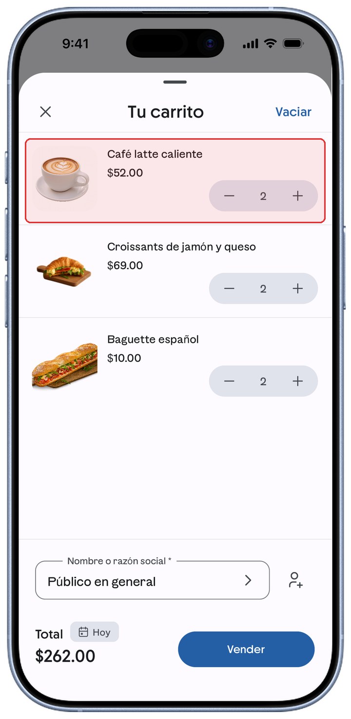 Pantalla Tu carrito de ContoPay con la fila de un producto resaltada en rojo para deslizarla.