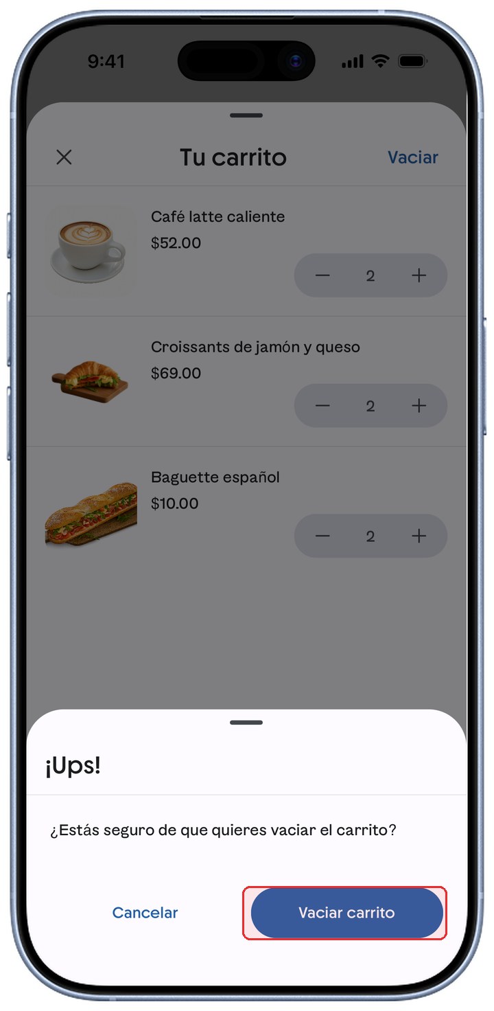 Aviso de confirmación de ContoPay con el botón Vaciar carrito resaltado en rojo.