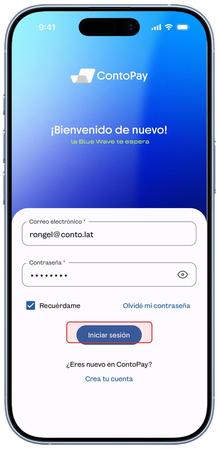 Pantalla de inicio de sesión de ContoPay con el botón Iniciar sesión resaltado en rojo.