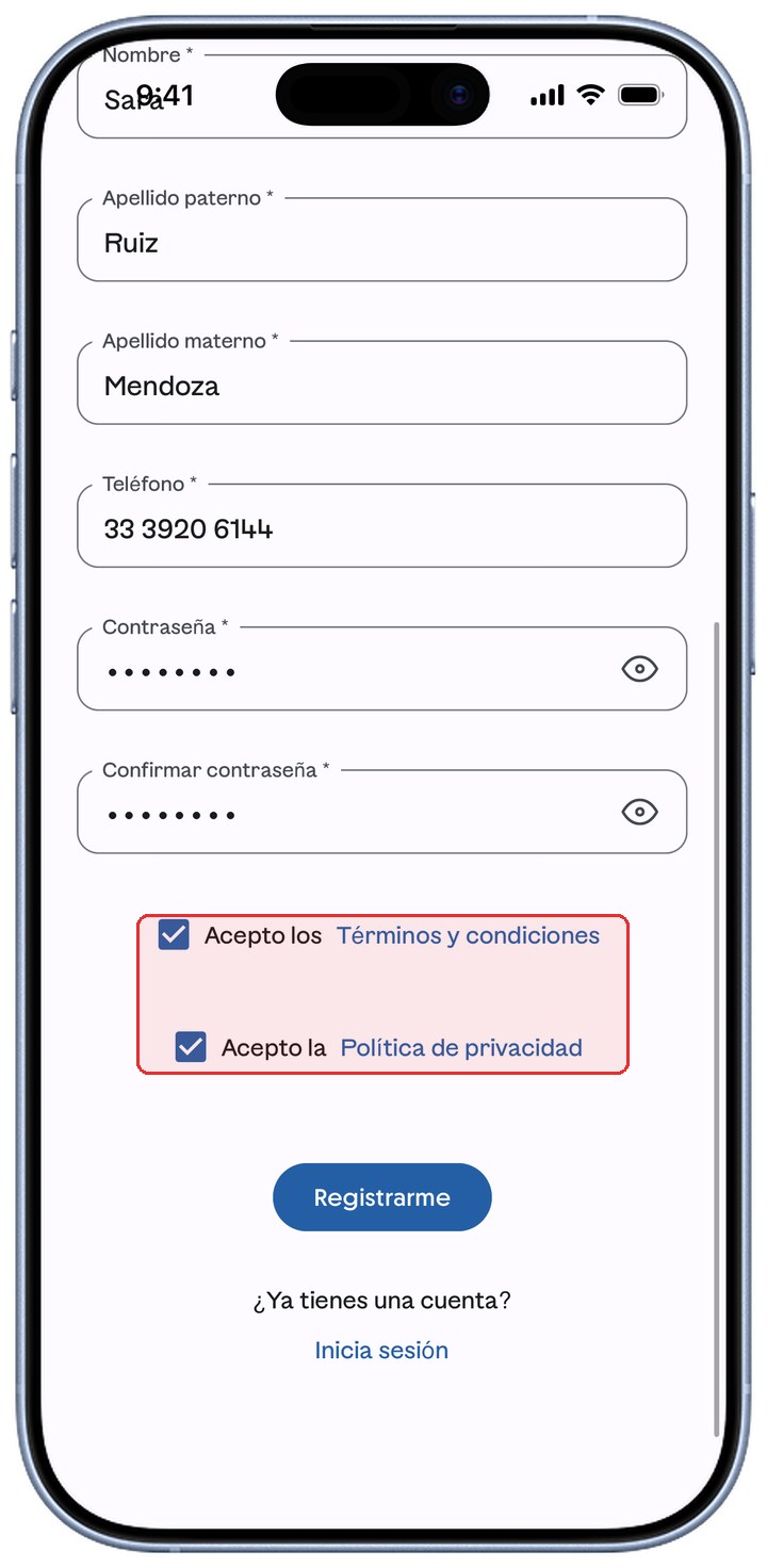 Pantalla de registro de ContoPay con las casillas de aceptación resaltadas en rojo.