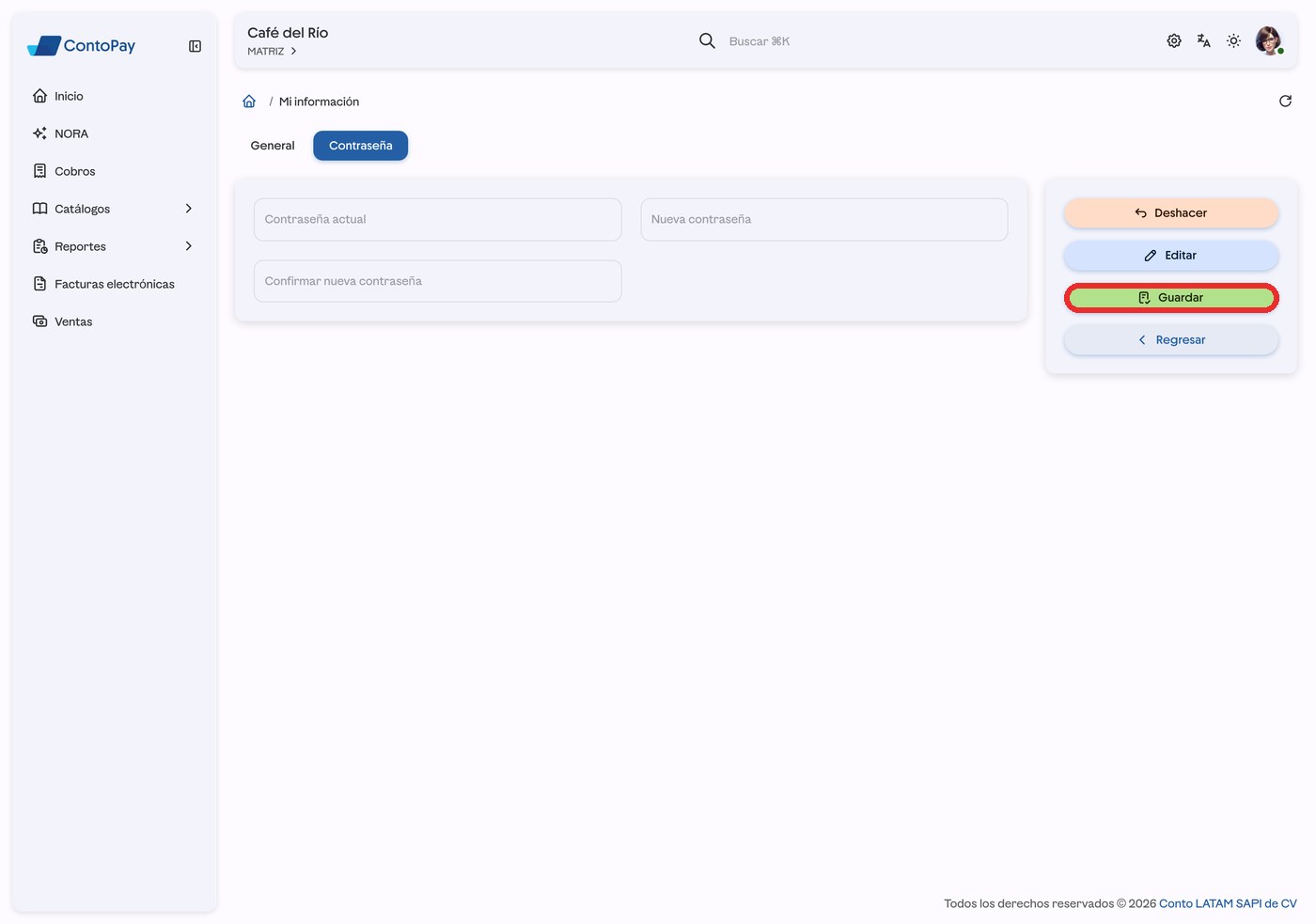 Pantalla de contraseña de ContoPay web con el botón Guardar resaltado en rojo.