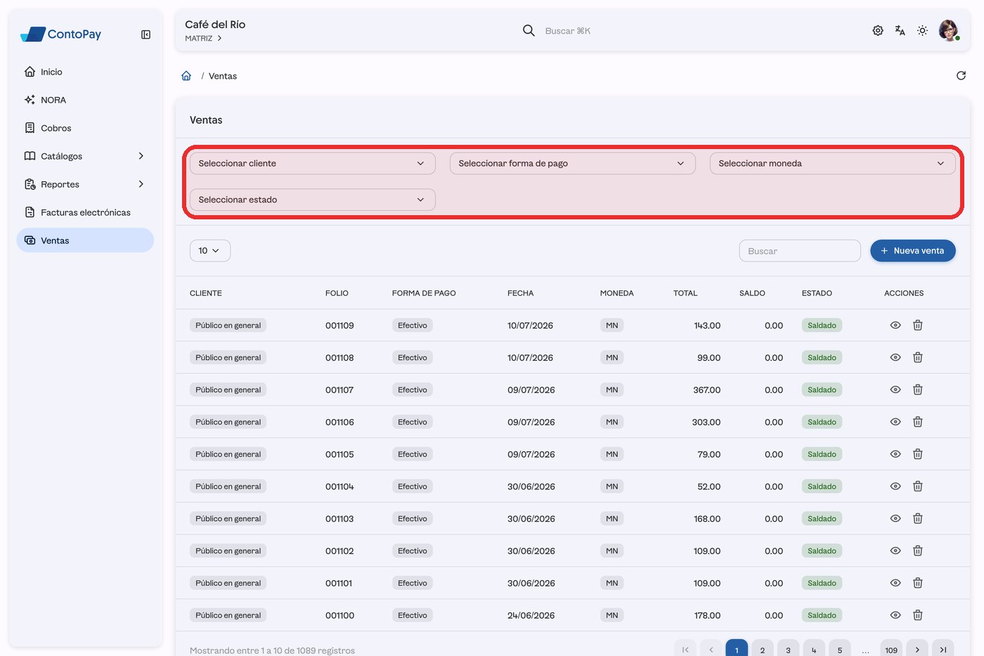 Pantalla Ventas de ContoPay web con la fila de filtros resaltada en rojo.