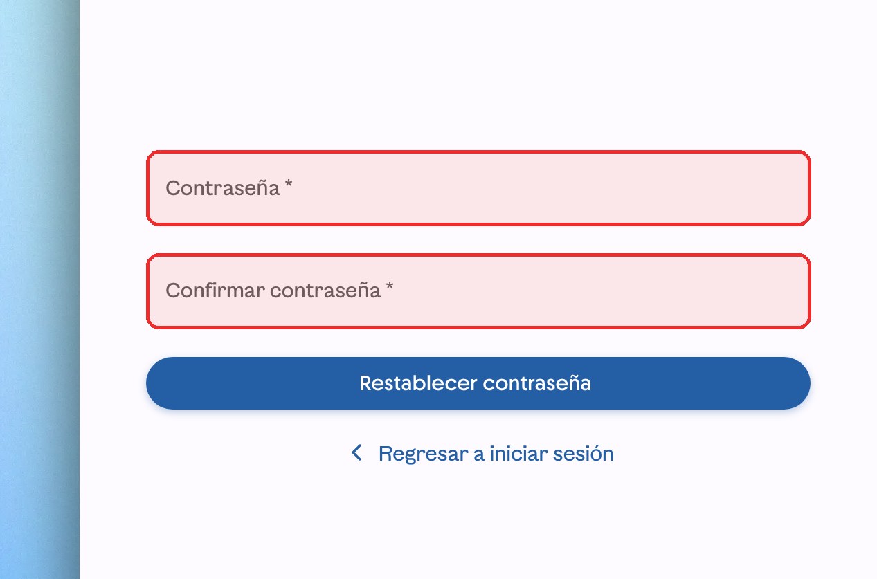Pantalla Restablece tu contraseña de ContoPay con los campos Contraseña y Confirmar contraseña resaltados en rojo.