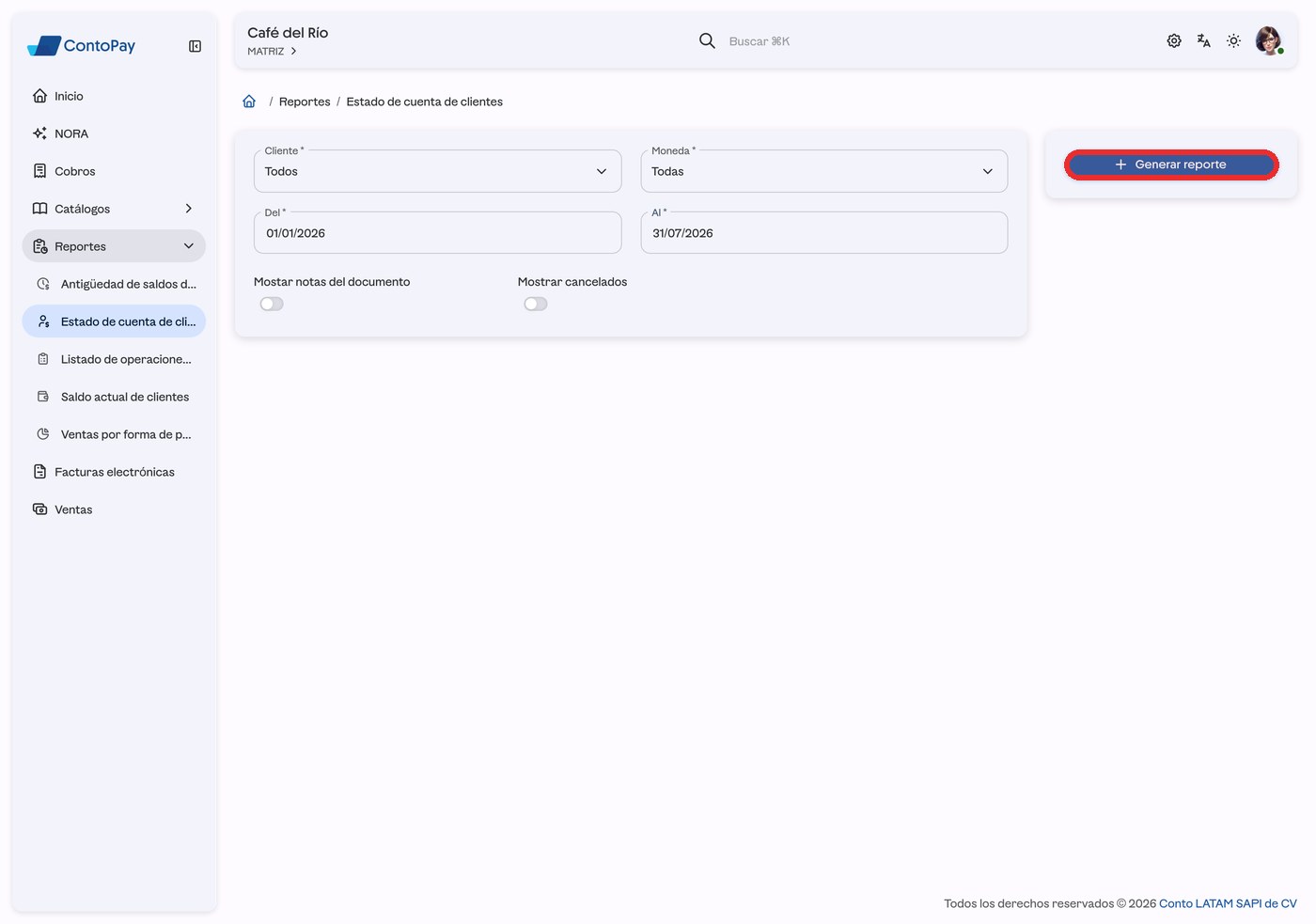 Formulario del reporte Estado de cuenta de clientes de ContoPay web con el botón Generar reporte resaltado en rojo.