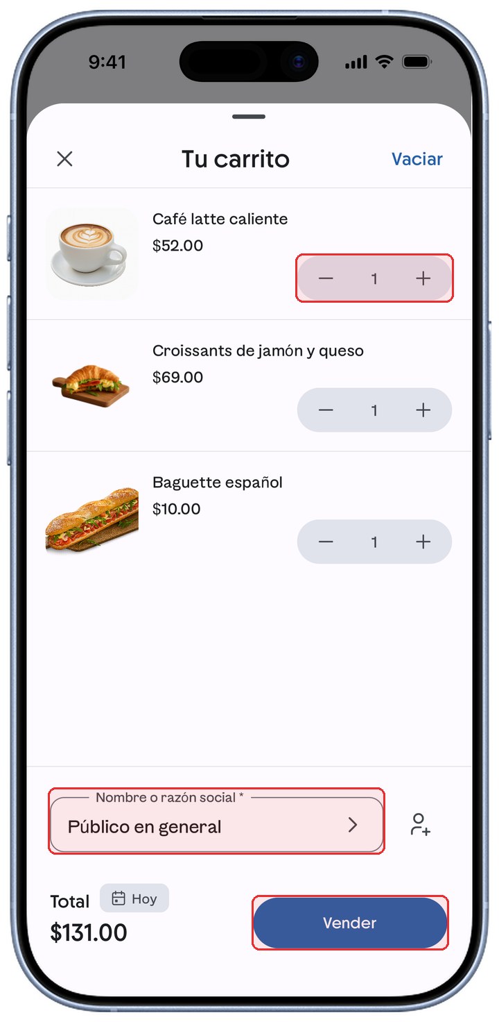 Pantalla Tu carrito de ContoPay con los controles de cantidad, el cliente Público en general y el botón Vender resaltados en rojo.