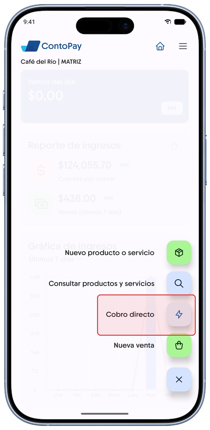 Menú de acciones de ContoPay en Android con la opción Cobro directo resaltada en rojo.