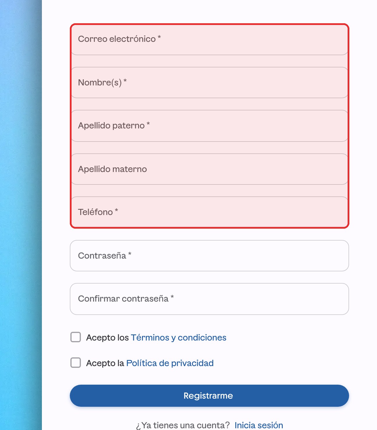 Formulario de registro de ContoPay con los campos de datos personales resaltados en rojo.