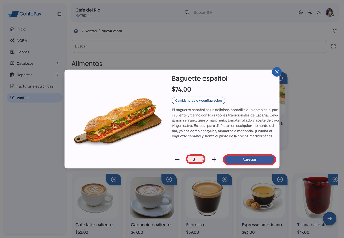 Diálogo de un producto en ContoPay web con el selector de cantidad y el botón Agregar resaltados en rojo.