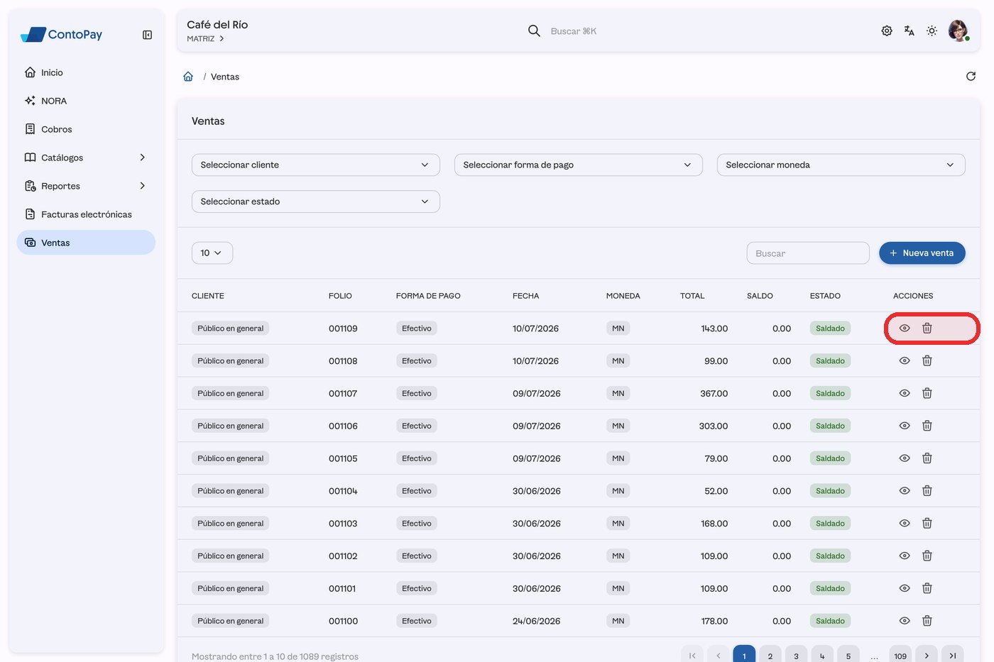 Pantalla Ventas de ContoPay web con los íconos de acciones resaltados en rojo.