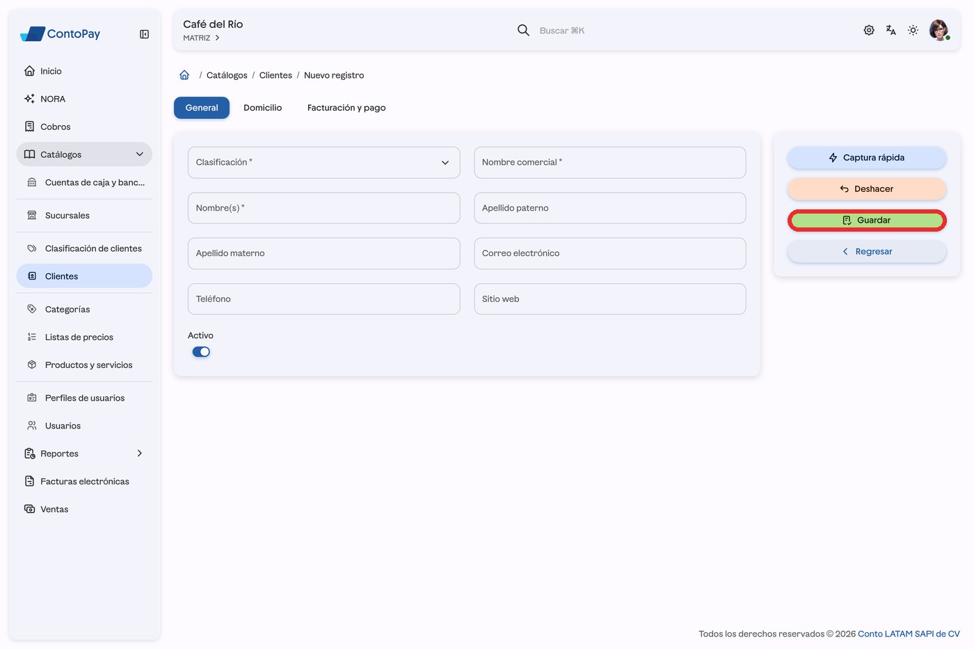 Formulario de nuevo cliente de ContoPay web con el botón Guardar resaltado en rojo.