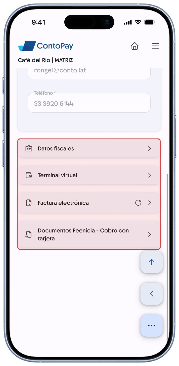 Información de la empresa de ContoPay con las secciones Datos fiscales, Terminal virtual, Factura electrónica y Documentos Feenicia resaltadas en rojo.