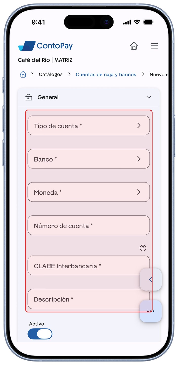 Formulario de cuenta de ContoPay con los campos generales resaltados en rojo.