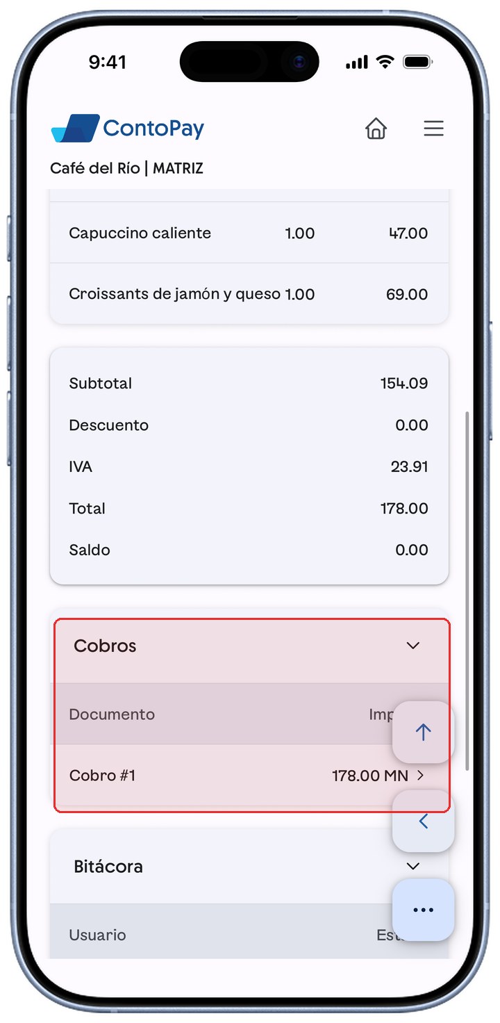 Nota de venta de ContoPay con la sección Cobros resaltada en rojo.