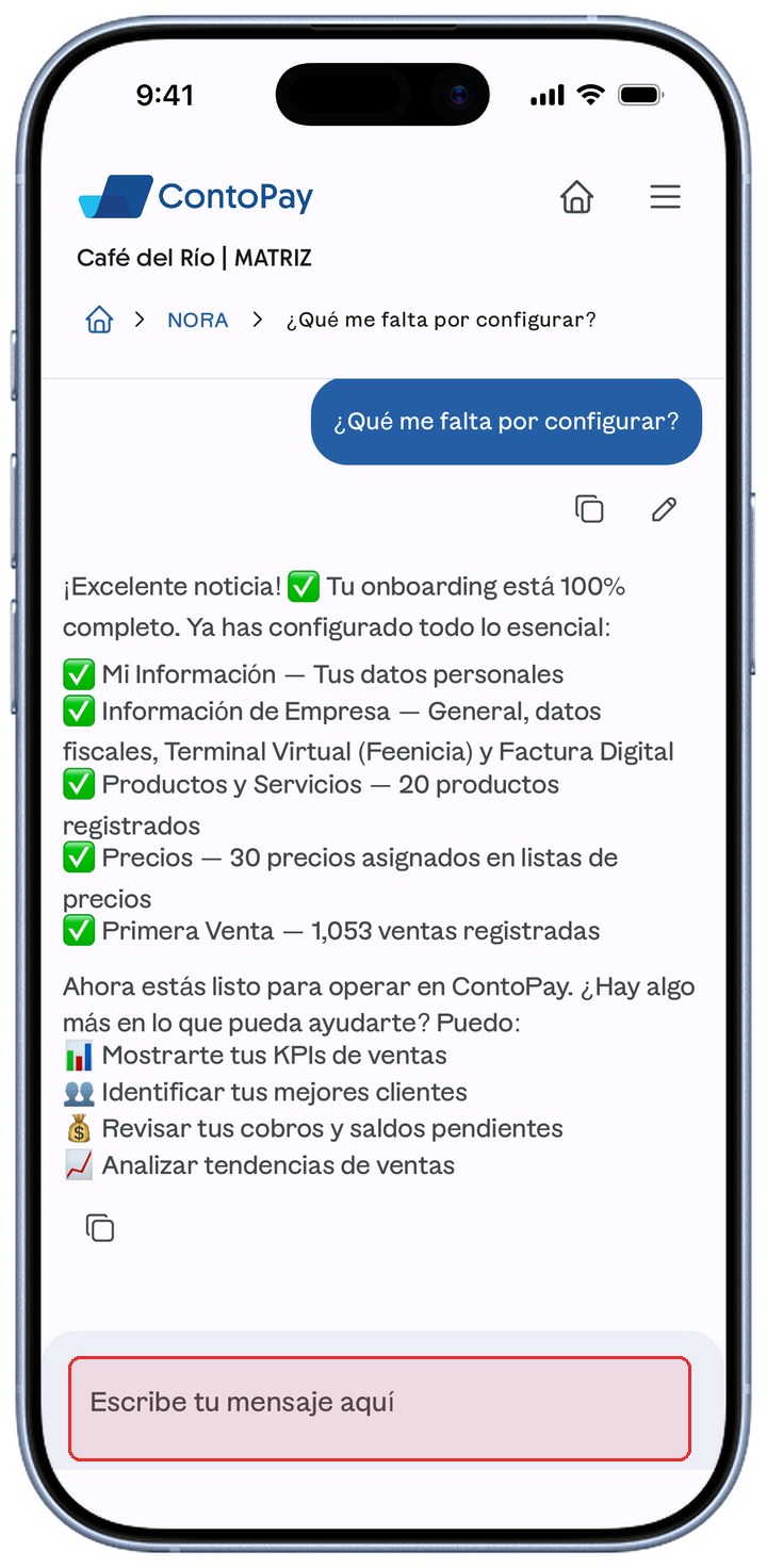 Conversación con NORA en ContoPay con el campo de mensaje resaltado en rojo.