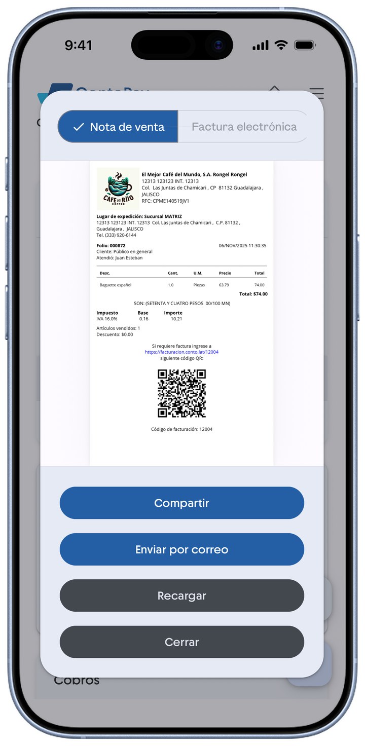 Vista previa de la nota de venta con las opciones Compartir y Enviar por correo.