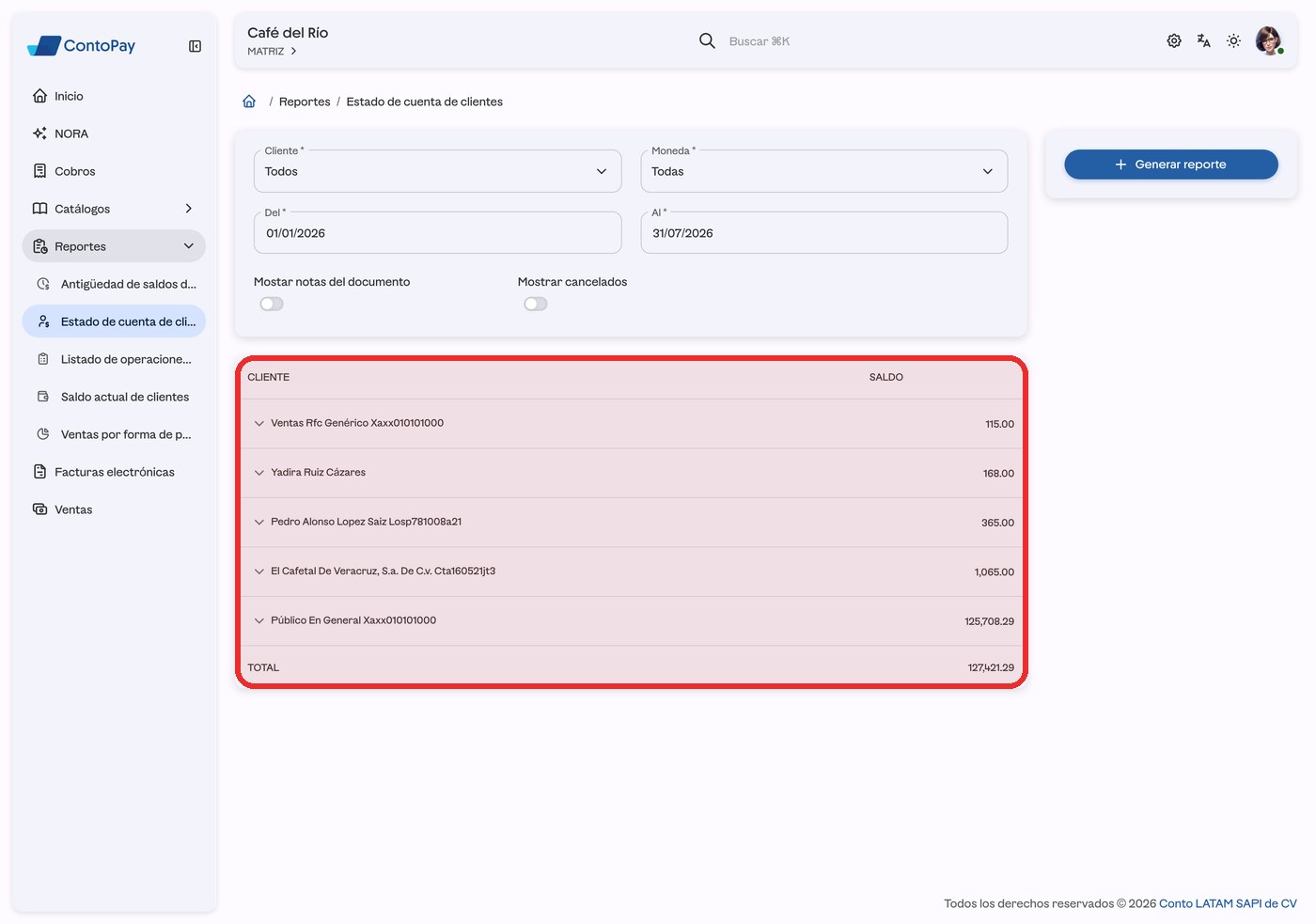 Resultado del reporte Estado de cuenta de clientes de ContoPay web resaltado en rojo.