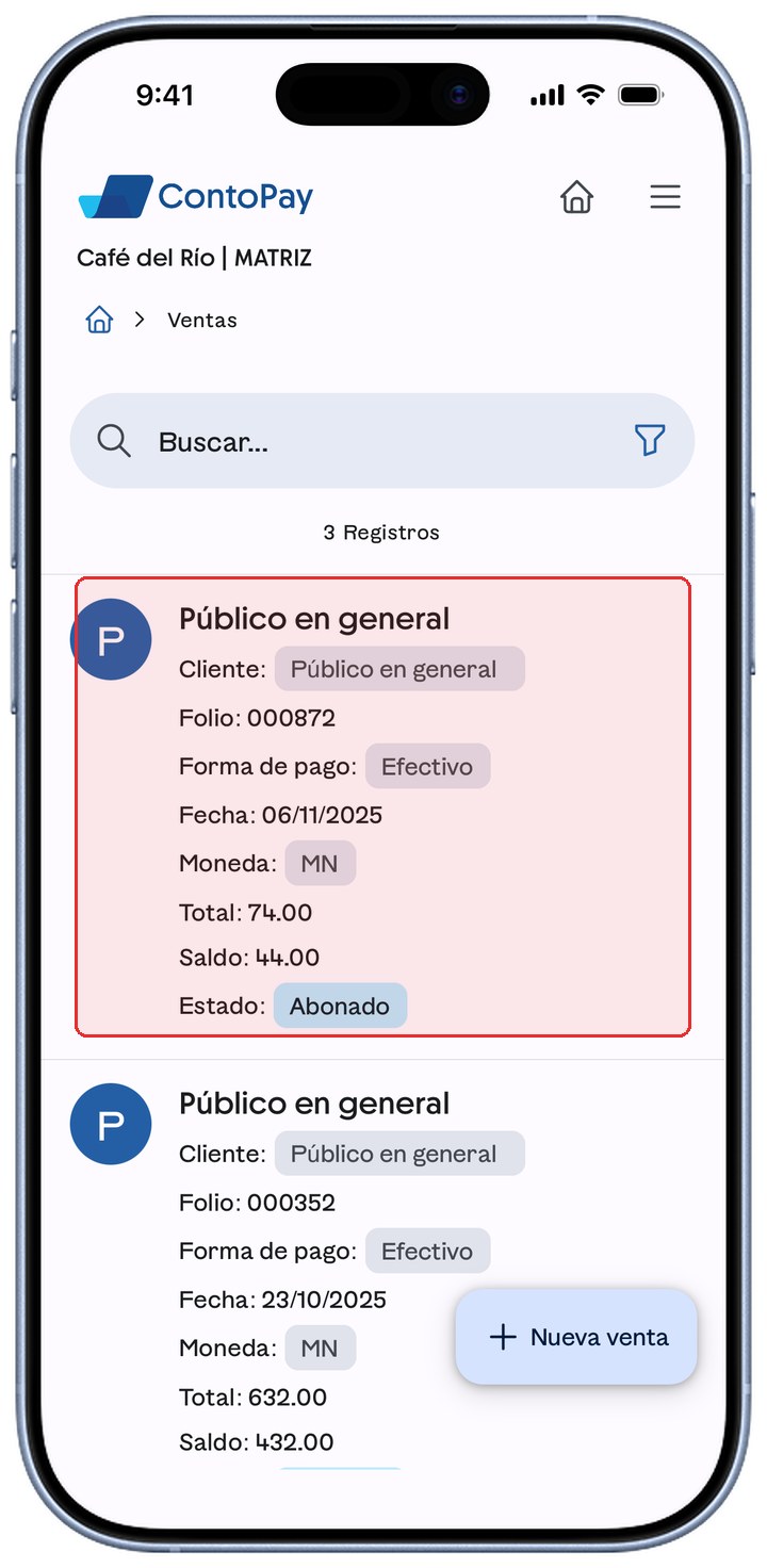 Tarjeta de una venta en el listado con todos sus datos resaltados en rojo.