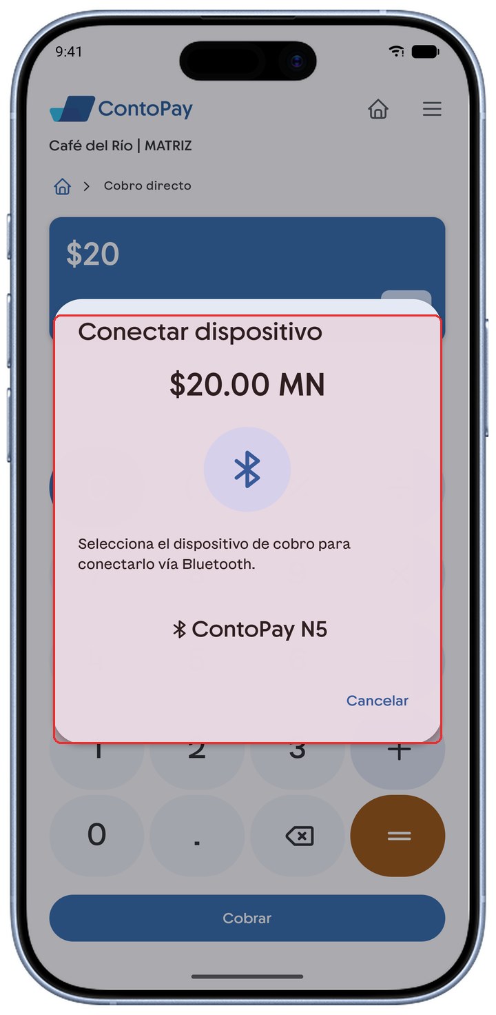 Aviso Conectar dispositivo de ContoPay con el lector ContoPay N5 resaltado en rojo.