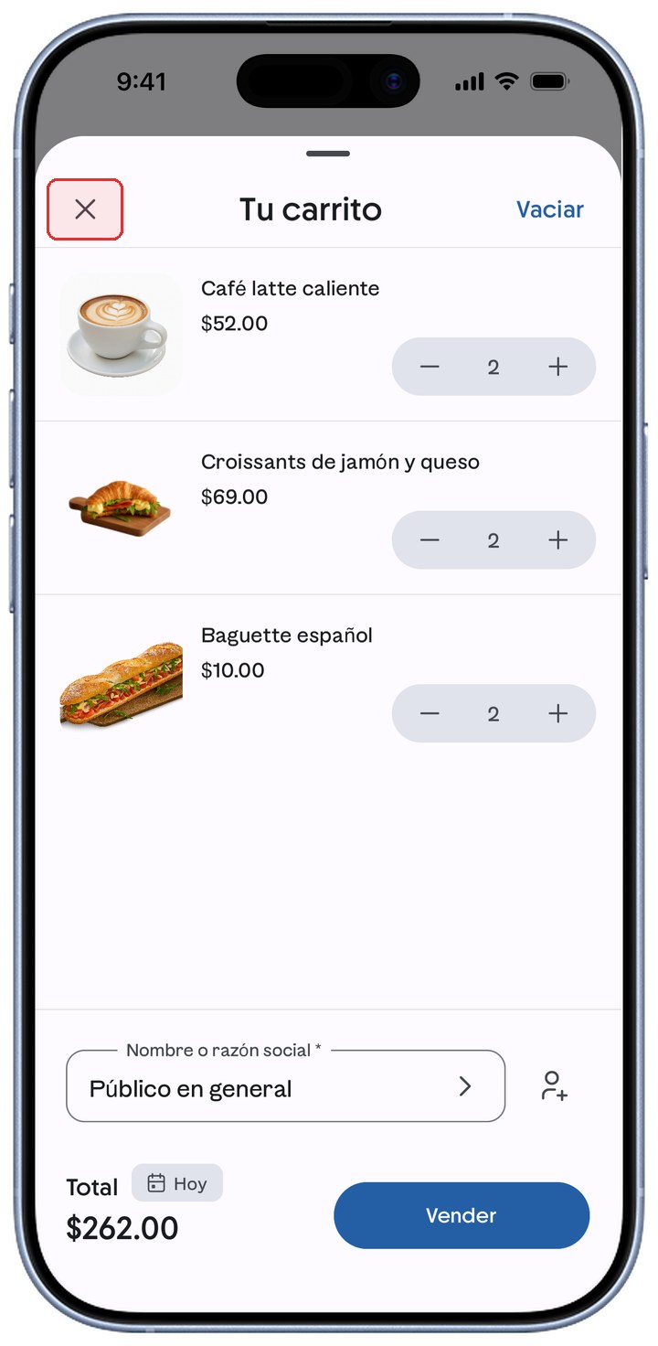 Pantalla Tu carrito de ContoPay con el botón X de cerrar resaltado en rojo.