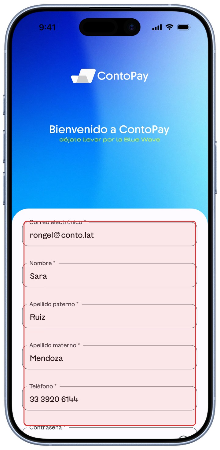 Pantalla de registro de ContoPay con los campos de datos resaltados en rojo.