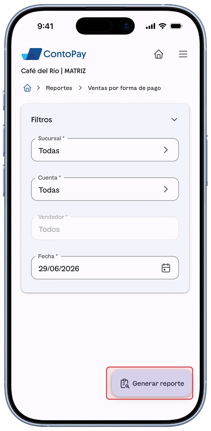 Reporte de ContoPay con el botón Generar reporte resaltado en rojo.