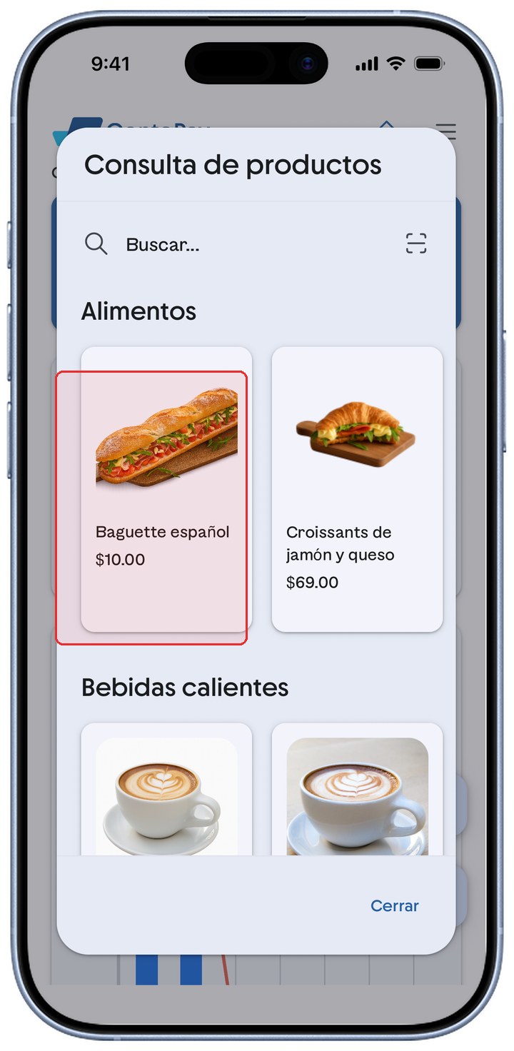 Pantalla Consulta de productos de ContoPay con una tarjeta de producto y su precio resaltada en rojo.