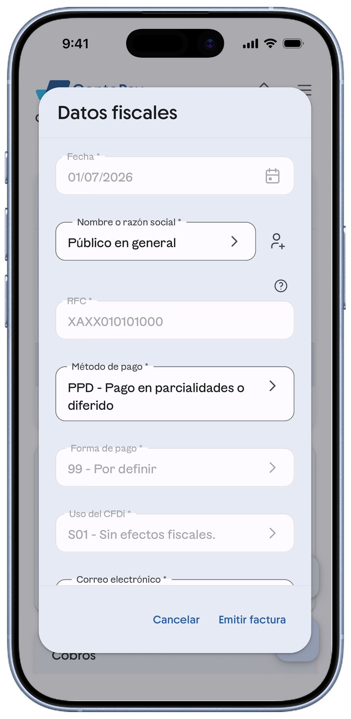 Diálogo Datos fiscales para emitir la factura de la venta.