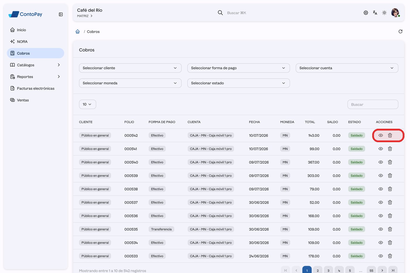 Pantalla Cobros de ContoPay web con los íconos de acciones (ver y cancelar) resaltados en rojo.