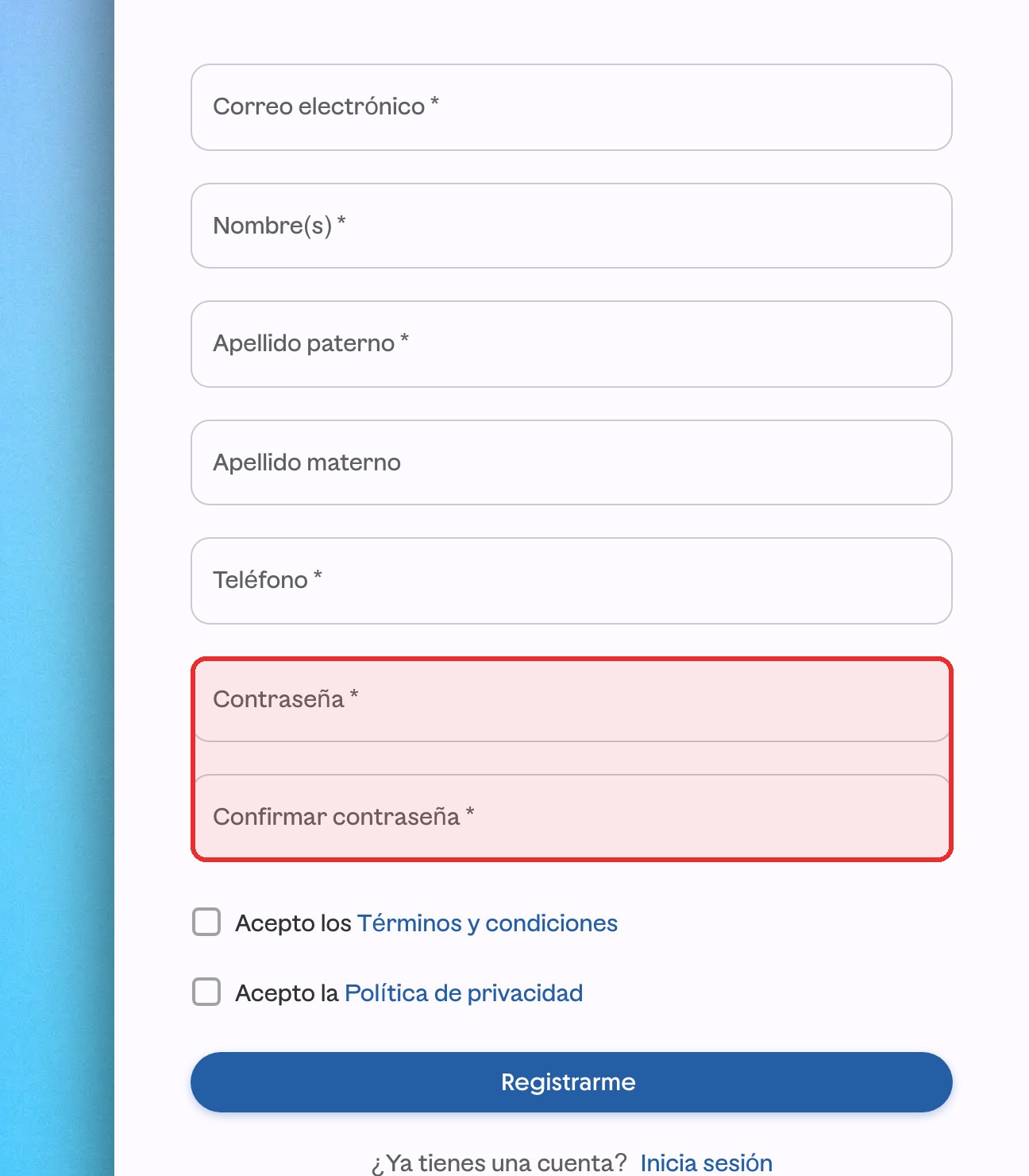 Formulario de registro de ContoPay con los campos Contraseña y Confirmar contraseña resaltados en rojo.