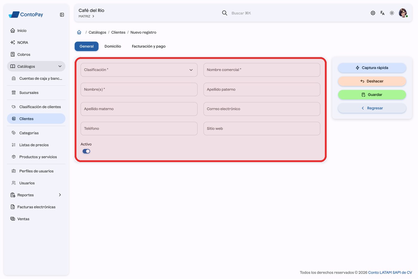Formulario de nuevo cliente de ContoPay web con los campos de la pestaña General resaltados en rojo.
