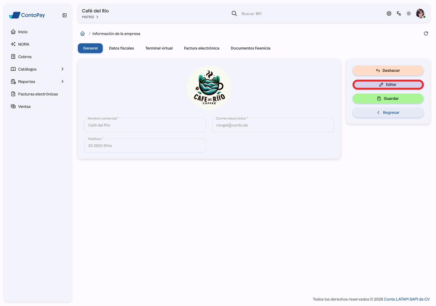 Pantalla Información de la empresa de ContoPay web con el botón Editar resaltado en rojo.