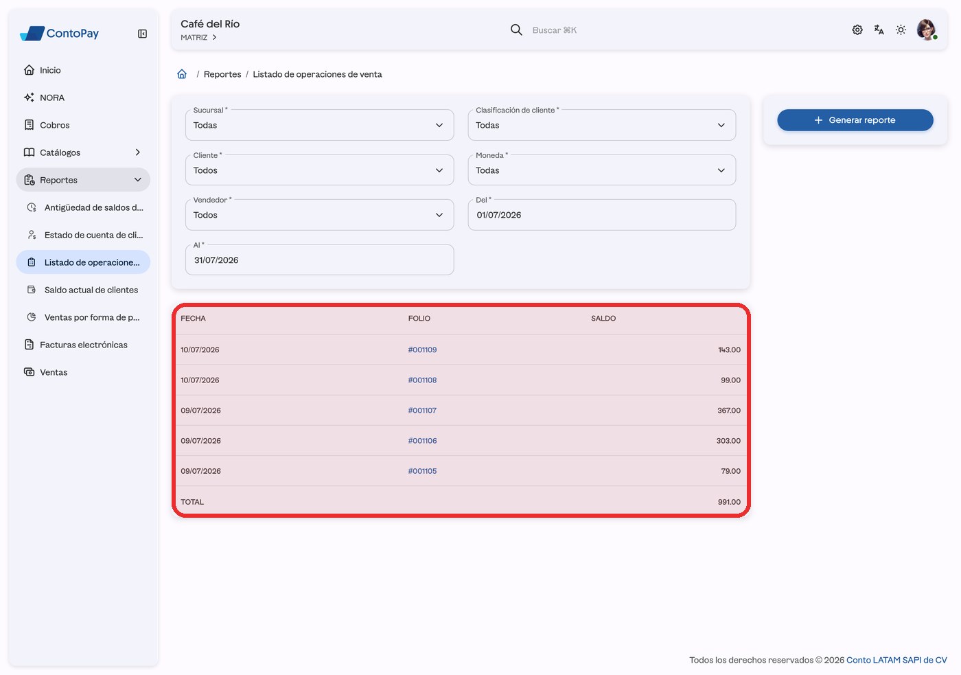 Resultado del reporte Listado de operaciones de venta de ContoPay web resaltado en rojo.